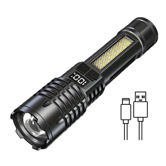 High Power Rechargeable LED Flashlight – Ultra Bright Torch with Side Light