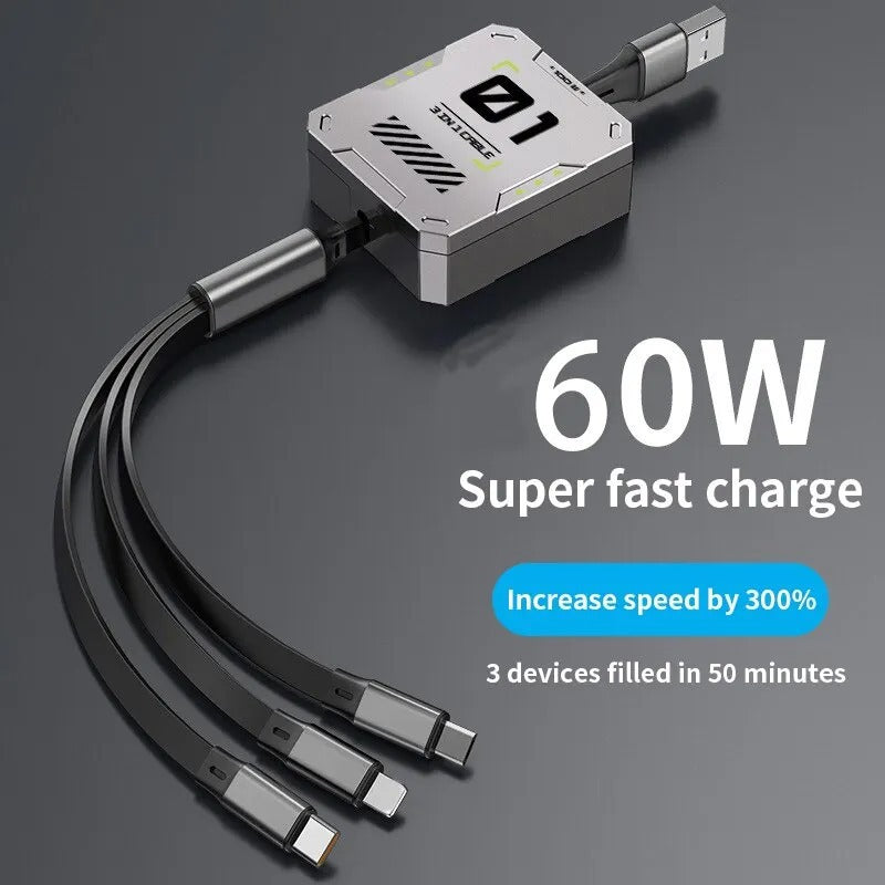 3-in-1 Retractable USB Cable 60W Fast Charging & Data Sync for Lightning, Android, and Type-C Devices
