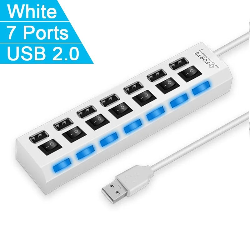 High-Speed 4/7-Port USB 2.0 Hub with LED Light and Switch Multi-USB Adapter & Expander for PC and Laptop