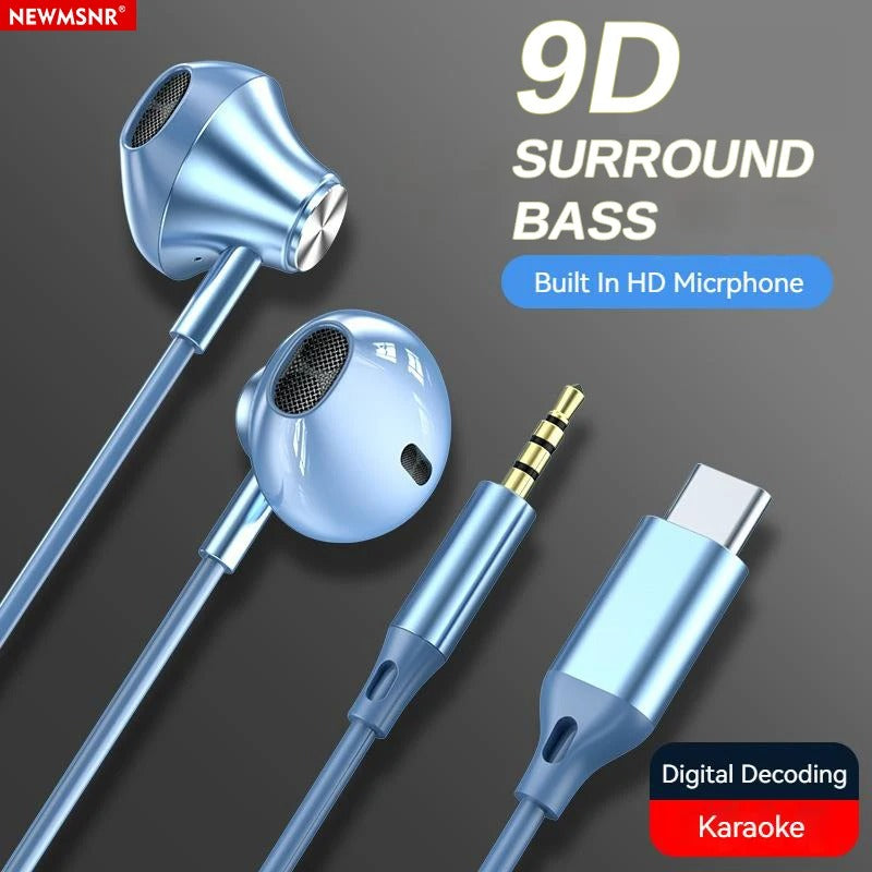 9D Stereo Type C & 3.5mm Gaming Headset Wired Earphones - HiFi Bass