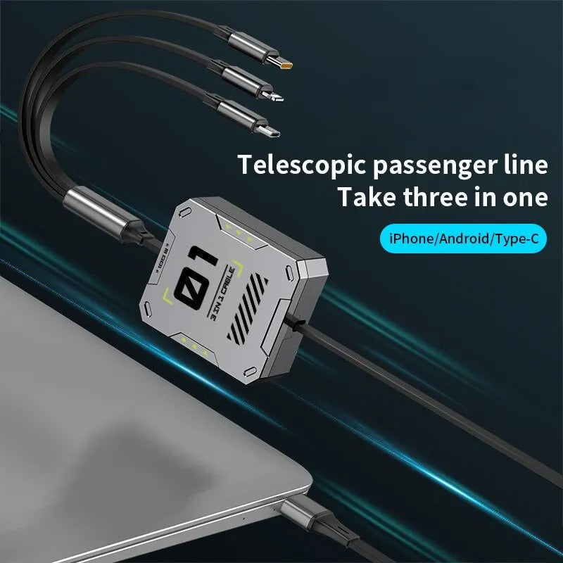 3-in-1 Retractable USB Cable 60W Fast Charging & Data Sync for Lightning, Android, and Type-C Devices