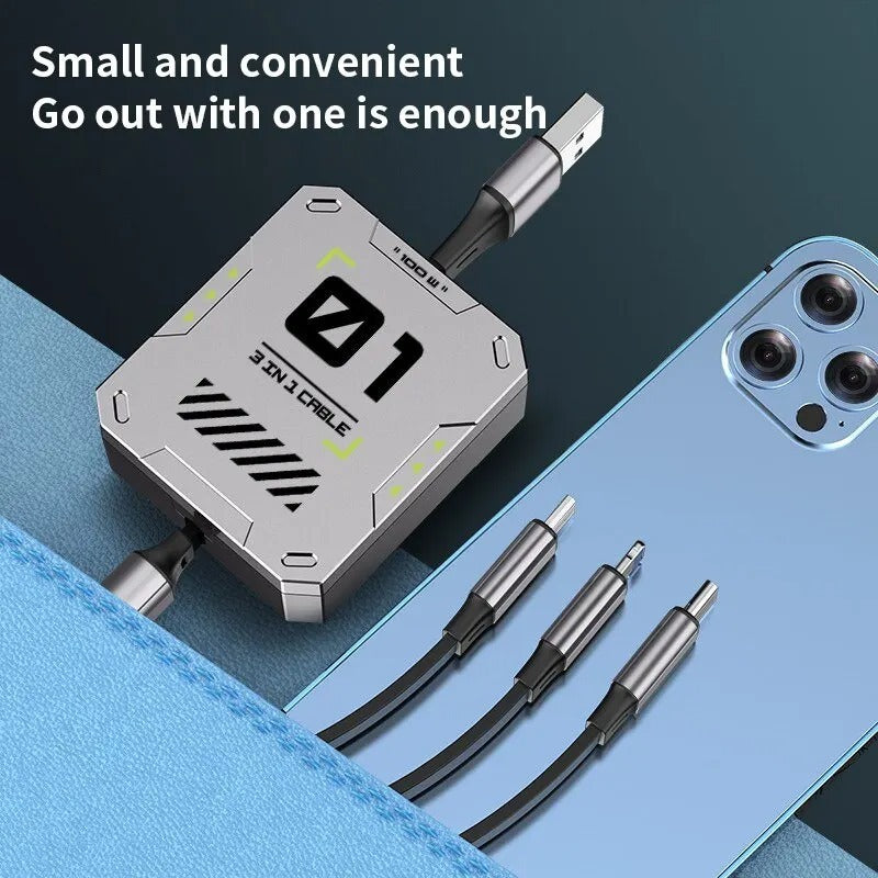 3-in-1 Retractable USB Cable 60W Fast Charging & Data Sync for Lightning, Android, and Type-C Devices