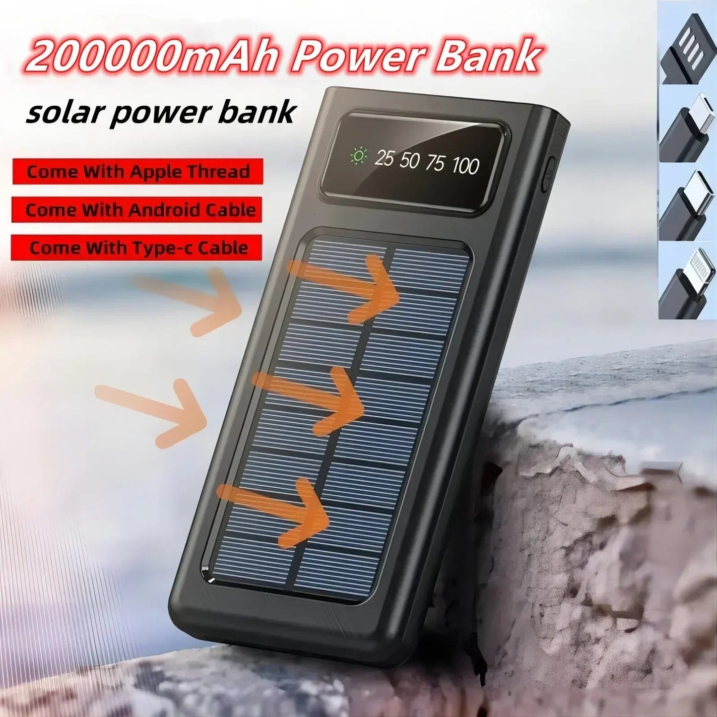 200000mAh Solar Power Bank – 4-in-1 Ultra Capacity Fast Charging