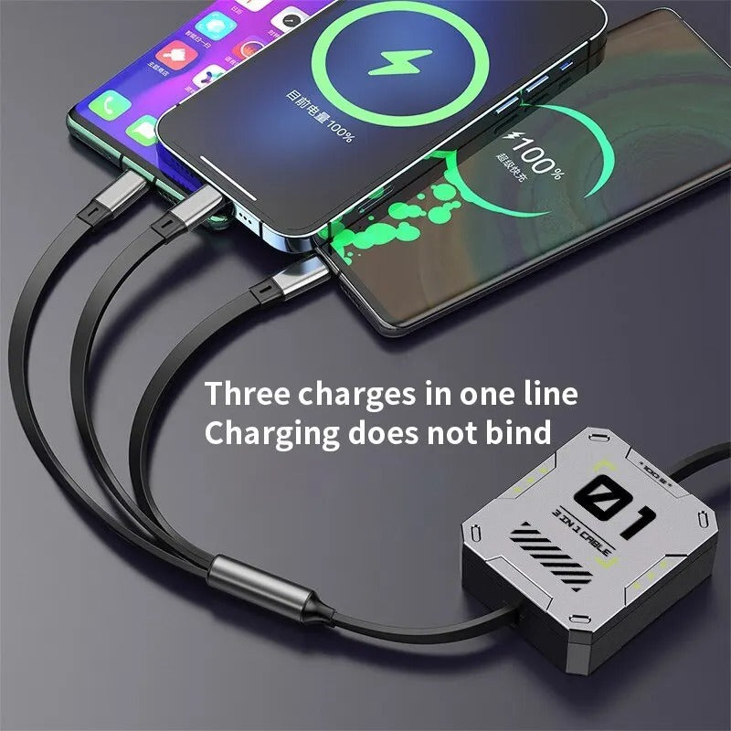 3-in-1 Retractable USB Cable 60W Fast Charging & Data Sync for Lightning, Android, and Type-C Devices