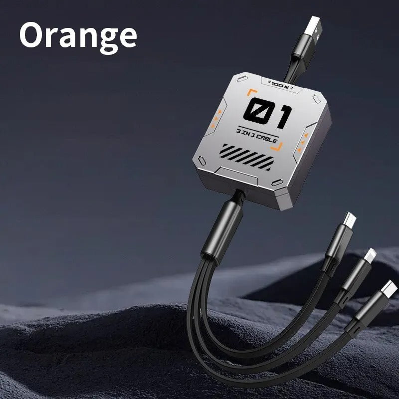 3-in-1 Retractable USB Cable 60W Fast Charging & Data Sync for Lightning, Android, and Type-C Devices