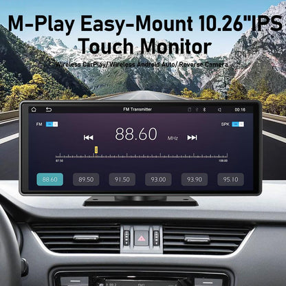 10.26 Inch IPS Screen Multimedia Video Player Wireless CarPlay & Android Auto, Reverse Camera Monitor, Bluetooth, FM Transmitter, USB