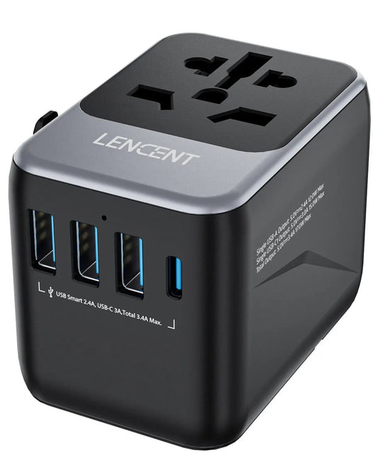 Universal Travel Adapter – 3 USB Ports, 1 Type-C PD Fast Charging, All-in-One EU/UK/US/AUS