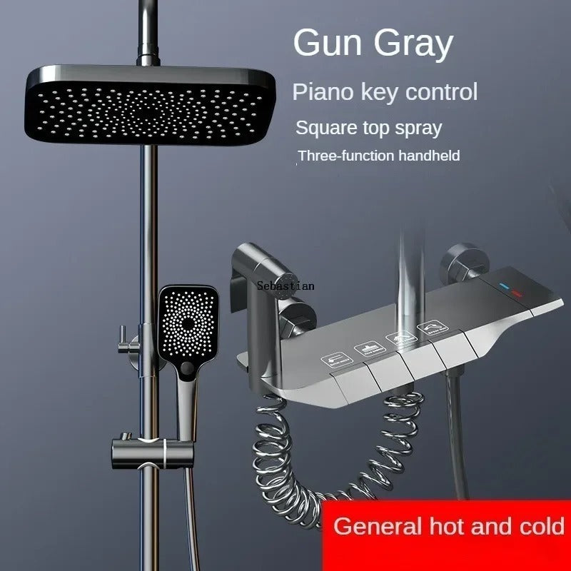 White Piano Keys Shower Set – Luxury Brass Bathroom System with 4 Shower Modes, Digital Display, and Rainfall Faucet