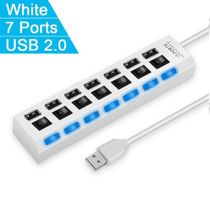 High-Speed 4/7-Port USB 2.0 Hub with LED Light and Switch Multi-USB Adapter & Expander for PC and Laptop