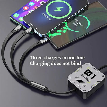 3-in-1 Retractable USB Cable 60W Fast Charging & Data Sync for Lightning, Android, and Type-C Devices