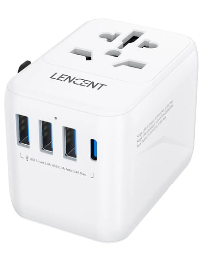 Universal Travel Adapter – 3 USB Ports, 1 Type-C PD Fast Charging, All-in-One EU/UK/US/AUS